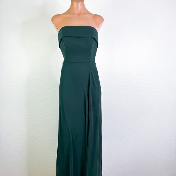 After Six 1566 Strapless High Slit Chiffon Bridesmaid Dress Evergreen Size 4 NWT - Picture 2 of 13